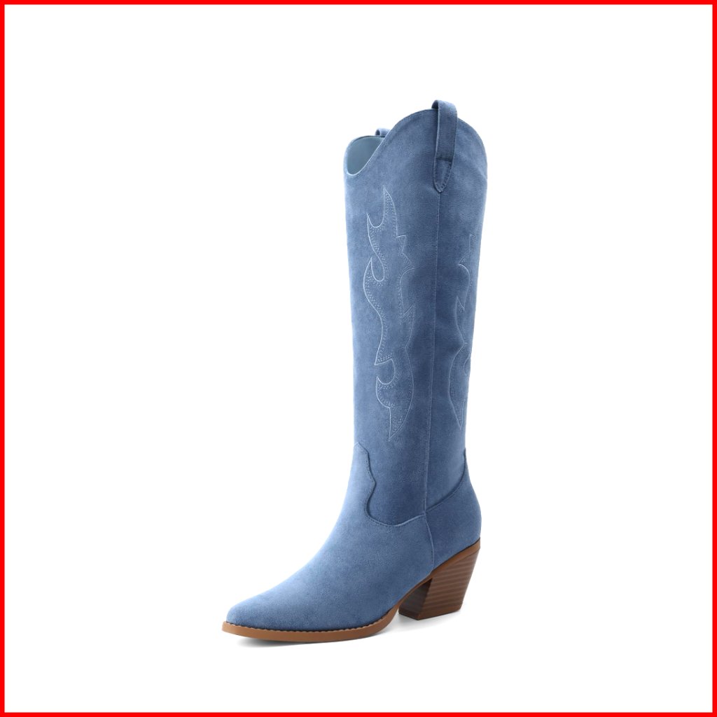 Women's Knee High Cowboy Boots Pointed Toe Chunky Heel Suede Western